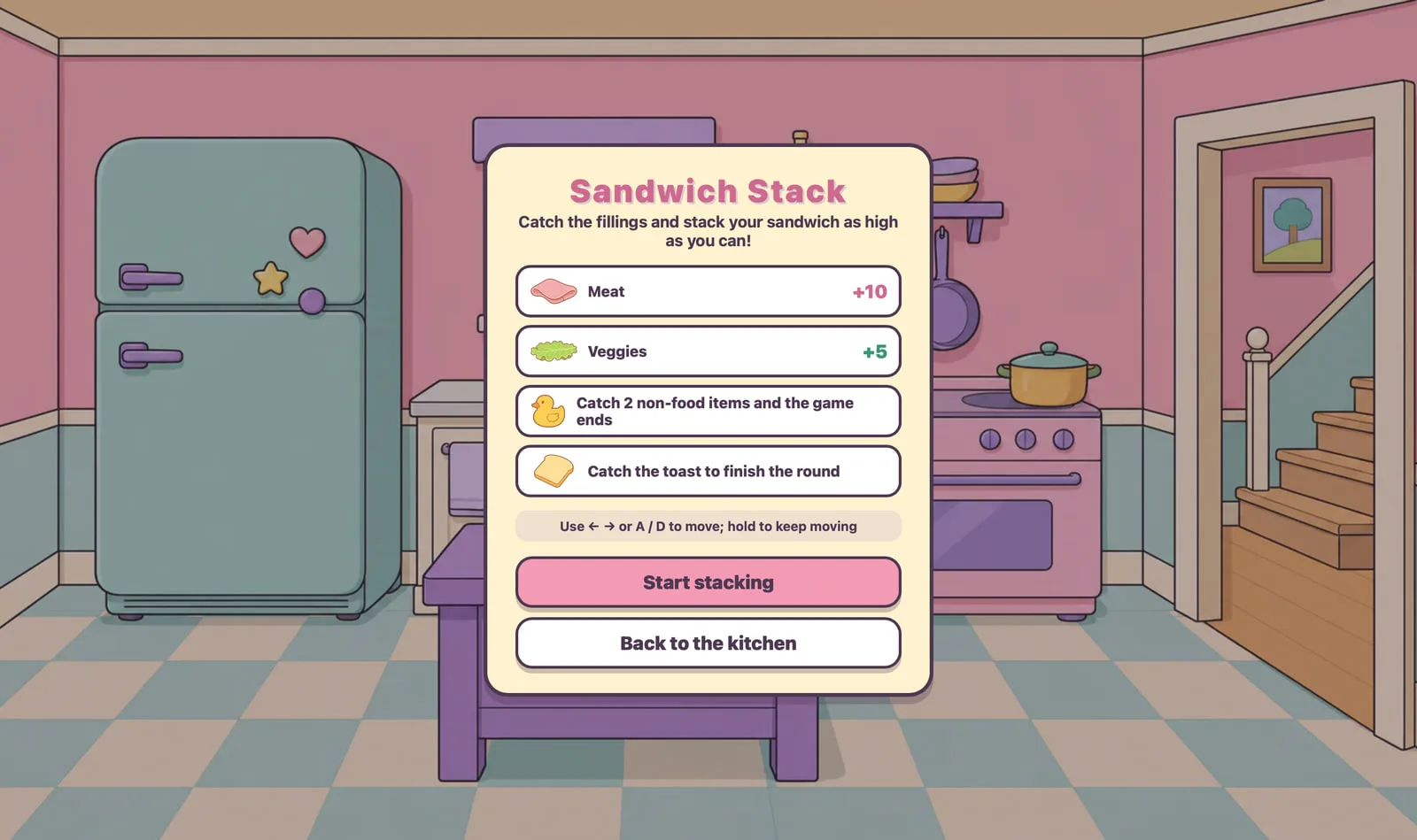 Sandwich Stack start screen showing the instructions and difficulty options in the kitchen.